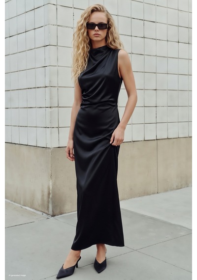 Sateen Kolsuz Saten Elbise - Siyah-137972
