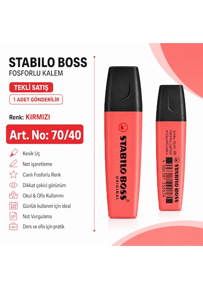 Boss Fosforlu Kalem 1 Adet Metin İşaretleme Kalemi Kırmızı