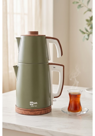 Egetürk TeaDem Style Ahşap Görünümlü Çay Makinesi Çaycı 2000W 1.7L Kettle 1.2L Demlik 304 Çelik Gövde Neft Yeşili