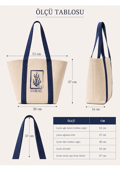 İcone Bag Kanvas Plaj Çantası, Lacivert Kolon Saplı Plaj Çantası, Ham Kanvas Çanta, Laci Baskılı Plaj Çantası