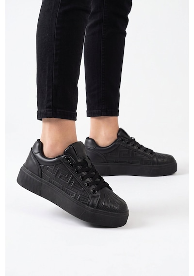 Walkway Siyah Bağcıklı Kalın Rahat Tabanlı Kadın Casual Yürüyüş Ayakkabı Sneaker 26201