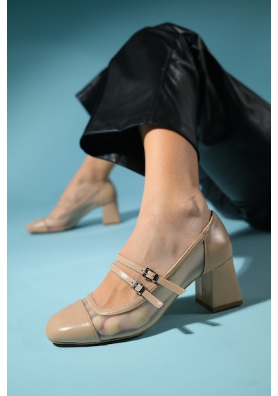 Luvishoes Scots Bej Kadın Kalın Topuklu Ayakkabı Bej