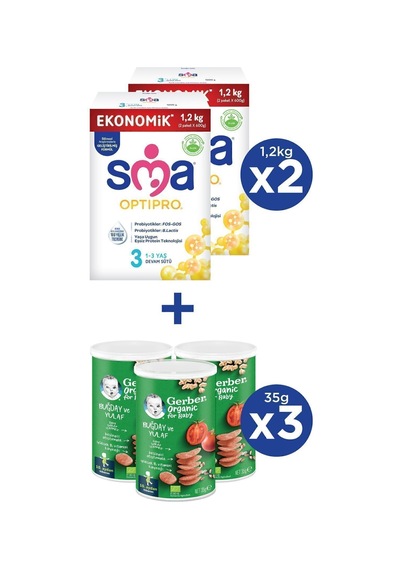 Sma Optipro 3 Devam Sütü 1200 G 2 Adet + Gerber Organik Buğday ve Yulaflı Atıştırmalık 35 G 3 Adet