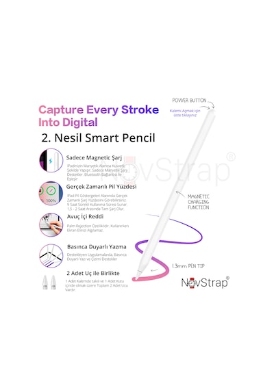 Novstrap Apple Uyumlu iPad Pro 12.9 2/3/4/5/6 Nesil İle Dokunmatik Tablet Kalemi 2. Nesil Smart Pencil Stylus Manyetik Şarj Avuç İçi Reddi