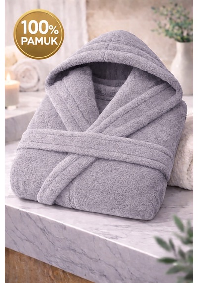 İqon %100 Pamuk Unisex Banyo Bornozu Düz Gri