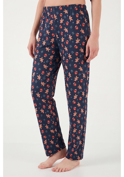 Lela Desenli Regular Fit Apaş Yaka Beli Lastikli Bol Paça Bayan Pijama Takımı 65714300 Lacivert