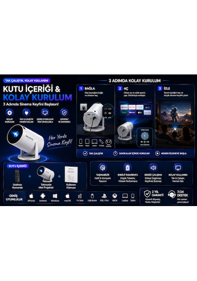 Teknomie Mini Projeksiyon Cihazı 1080p Full Hd Wifi 6 Bluetooth 5.2 180 Döner Akıllı Projektör