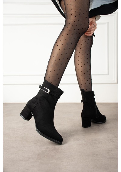 Dabab Shoes Lunara Kadın Siyah Süet Tokalı Topuklu Kısa Konç Bot Bootie