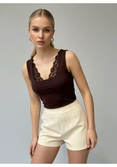 Park Karon 26004 Kadın Dantel Detaylı Kare Yaka Modal Örme Bluz Kahve