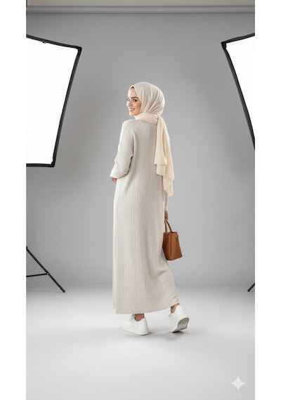 Sonbaharmoda Kadın Uzun Triko Elbise %100 Akrilik Bisiklet Yaka Rahat Ve Şık Kışlık Model Bej