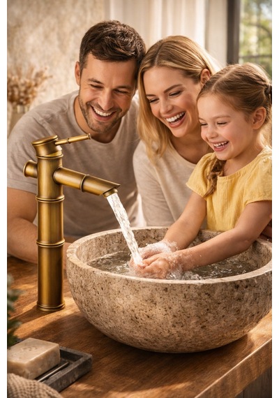 Viosa Eskitme Bambu Çanak Lavabo Bataryası Çanak Lavabo Uyumlu Antik Gold Pirinç Musluk Siyah