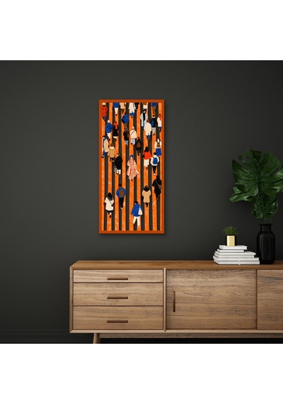Turuncu Şeritlerde Yürüyen Kalabalık - Metal Tablo - Dec0370 24 X 50 Cm Çok Renkli