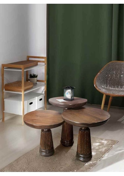 Modern Ahşap Mantar Sehpa 3 Lü Set Ceviz Renk Doğal Zigon Ve Fiskos Ceviz