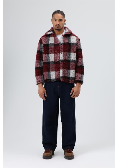 Vamos Oversize Peluş Ekose Ceket Bordo