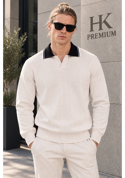 Hk Premium Erkek Polo Yaka Kontrast Çizgili Fitilli Triko Kazak Uzun Kollu, Dokulu Örme Kazak Bej Hk Premium Erkek Polo Yaka Kontrast Çizgili Fitilli Triko Kazak Uzun Kollu, Dokulu Örme Kazak Bej