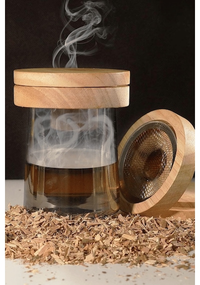 Premium Viski Tütsüleme Seti Ahşap Kapaklı Cam Smoke Infuser, Kokteyl Aromalandırma