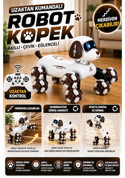 Uzaktan Kumandalı Şarjlı Robot Köpek Kahverengi-beyaz Merdiven Çıkabilen Hareketli Oyuncak