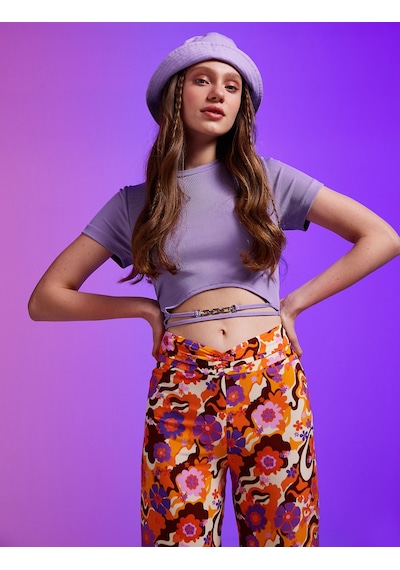 Koton Crop Tişört Zincir Detaylı Bisiklet Yaka Lila 2sal10738ık Lila