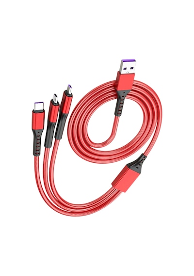 Hasır, 3 İn 1, Şarj Kablosu, Lightning & Micro Usb, Type-c, Apple Uyumlu iOS , - Kırmızı