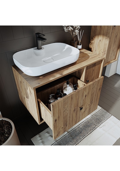 Gusto Ayaksız Oval Lavabolu Mdf 90 Cm Çekmeceli Banyo Dolabı Atl Atlantik Çam