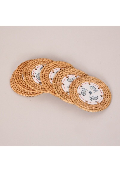3 Balık 6'lı Doğal Rattan Ve El Yapımı Seramikli Bardak Altlığı Diğer
