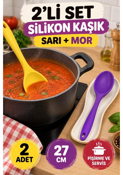2'li Set Sarı Mor Büyük Boy Silikon Kaşık 27 Cm Mutfak Yemek Pişirme Ve Servis Kaşığı İki Renkli Set