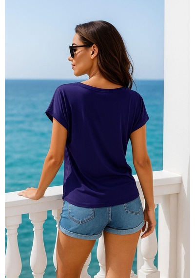 Kadın Lacivert Viskon V Yakalı T-shirt Kısa Kol Rahat Kesim Bluz Çok Renkli
