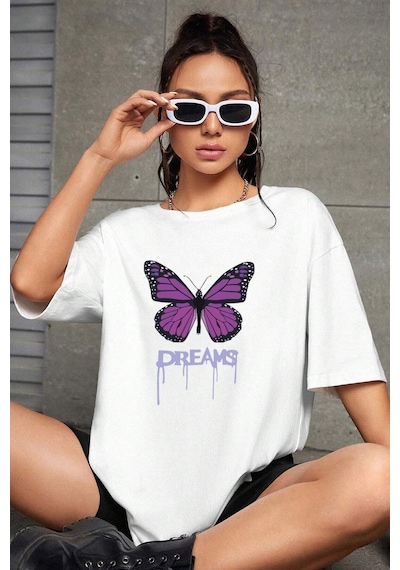 Flood Of Style Unisex Dream Butterfly Tasarım Tshirt Beyaz