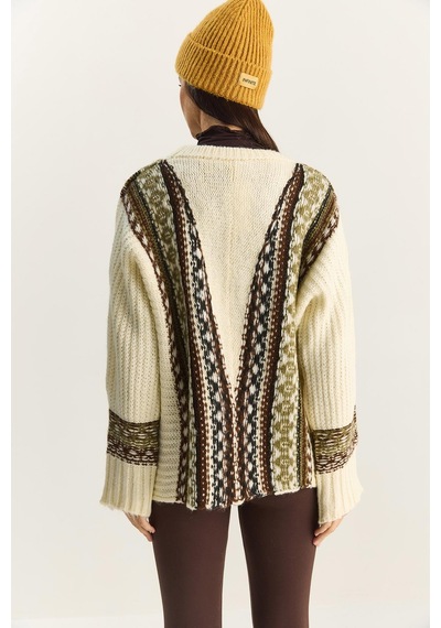 Shade Kadın Etnik Desenli Oversize Bisiklet Yaka Kalın Triko Kazak 2529 60283875 - Krem