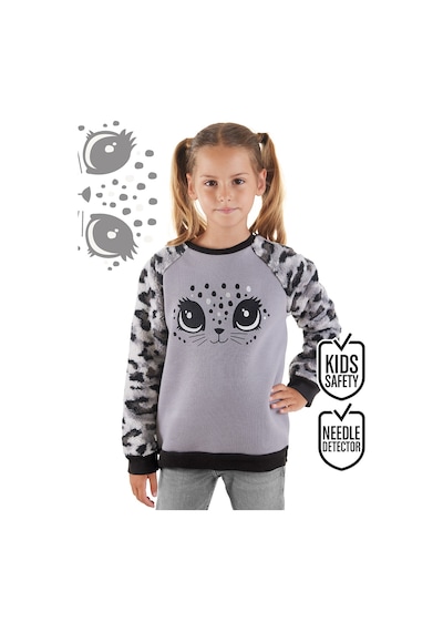 Kız Çocuk Kışlık Leopar Desenli Peluş Gri Uzun Kollu Sweatshirt 3-8 Yaş
