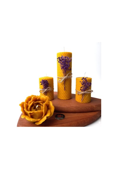 Petekoğlu Balmumu Mum Dekoratif Hediye Kutusu 4 Lü Set Doğal Petek Beeswax Candle Açmış Gül Mor Süslenmiş Açm Çok Renkli