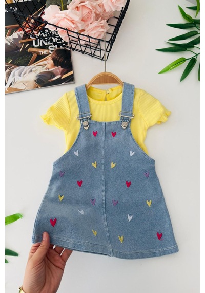 Miniğimin Cicileri Renkli Kalp İşleme Detaylı Kız Bebek Jile Takım Sarı