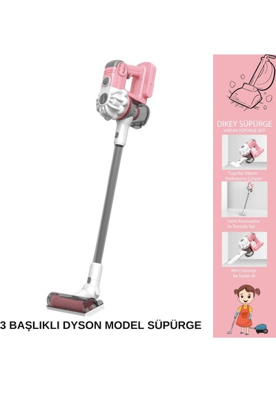 Vardem 3'ü 1 Arada Oyuncak Dikey Süpürge - Işıklı Sesli Gerçek Vakumlu Temizlik Seti Pembe