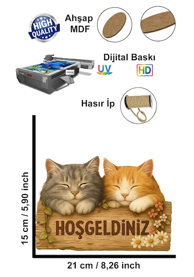 Kapı Süsü Ahşap "hoşgeldiniz" Yazılı Retro - Sevimli Kediler