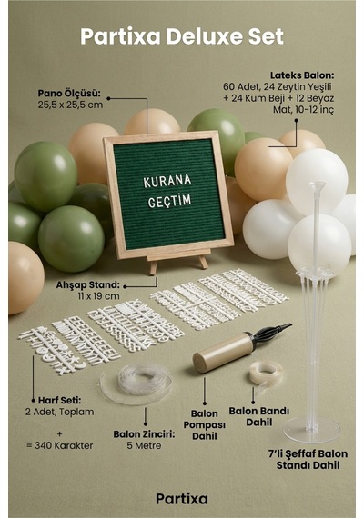 Kuran'a Geçtim Kutlaması Süsleme Deluxe Set Koyu Yeşil Keçe Yazı Panosu Standlı Balon Zincirli 7li Şeffaf Balon Standlı Kuran Töreni Seti Çocuk