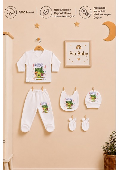 Pia Baby İsimli Erkek Bebek Zıbın Seti 5 Parça %100 Pamuk Kişiye Özel Organik Baskı 2010zyx Krem