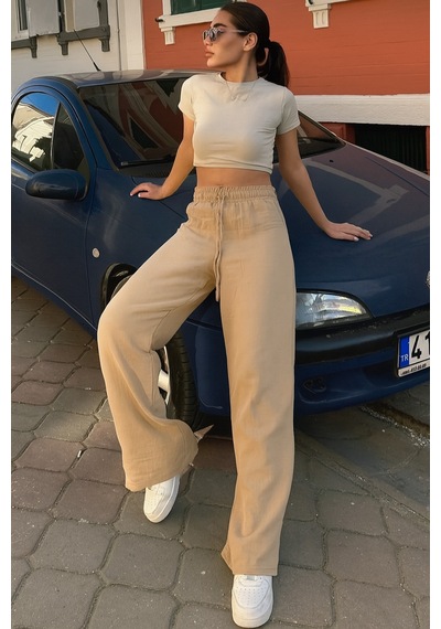 Trendy Mall Sofya Keten Bol Kesim Pantolon Bej Bej