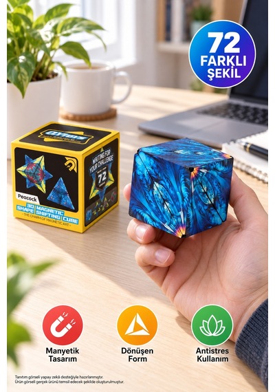 Manyetik Sonsuz Küp Qiyi 72 Şekilli Dönüşen Zekâ Oyunu Antistres Peacock Mavi 6,3 Cm