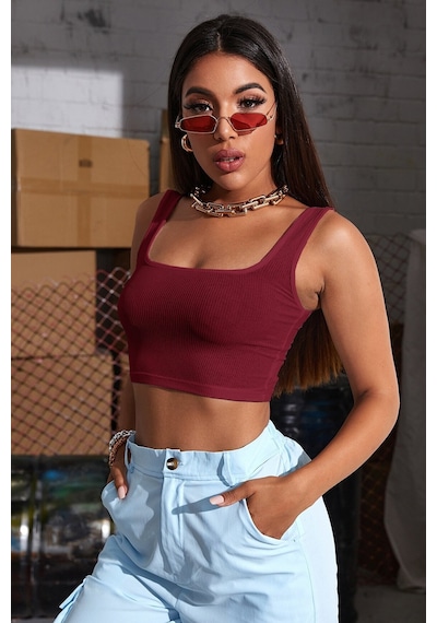 Moon Wear Kadın Bordo Kalın Askılı Crop Top Büstiyer Bordo