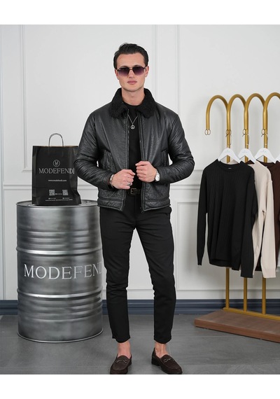 Modefendi Orta Slim Fit İçi Elyaf Yaka Kürk Detaylı İthal Deri Yan Cep Deri Mont Siyah