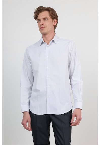 İmza Beyaz - K.mavi Sert Yaka Uzun Kol Cepsiz Slim Fit Pamuklu Gömlek 1004260210