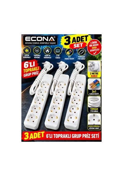 3 Adet--6'lı Topraklı Grup Priz 2 Metre Kablolu - Çoklu Uzatmalı Priz Seti 3x1 Mm² Yumuşak Ttr Kablo Beyaz Uzatma Kablosu,çoklu Priz 0