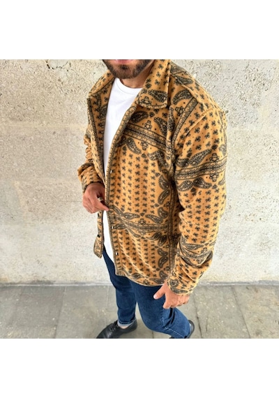 Mbb E-ticaret Erkek Düğmeli Gömlek Polar Sweatshirt Yumuşak Dokulu Oversize Kalıp -sarı