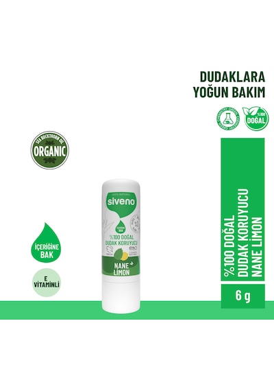 Siveno %100 Doğal Dudak Koruyucu Nane & Limon Bitkisel Lip Balm Krem Nemlendirici Parlatıcı Onarıcı 6 G