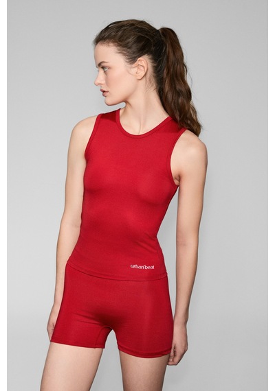 Urban Beat Runles Kadın Baskı Detaylı Slim Fit Sporcu Kısa Kırmızı Tayt Kırmızı