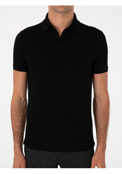 Siyah Slim Fit Polo Yaka Pamuklu Basic T-shirt