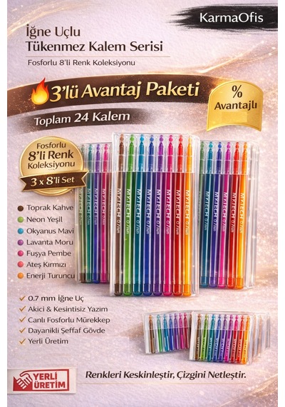 8 Farklı Renk 0.7mm Uçlu Tükenmez Kalem Seti 3 Lü Paket 24 Kalem 0.7 Mm Yerli Üretim Çok Renkli3