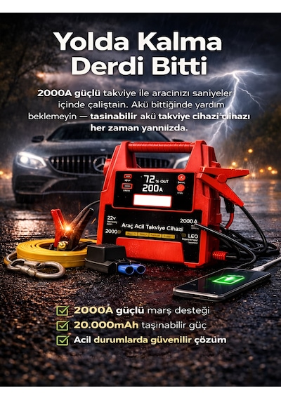 20000mah 12v Araç Akü Takviye Cihazı 2000a Tepe Akım Lcd Ekranlı Çift Voltaj Jump Starter Powerbank