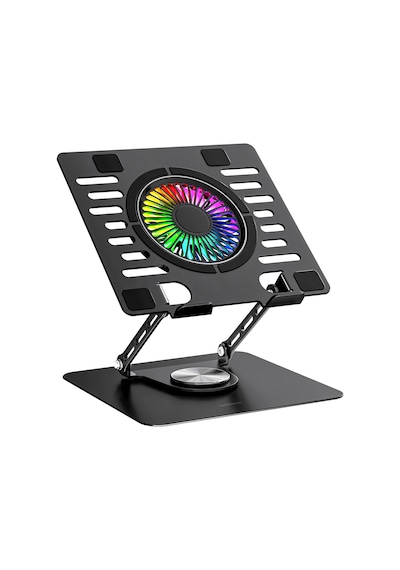 Addison Ad-rc36 Steely 360 Derece Dönebilen Fanlı Rgb Işıklı Ayarlanabilir Siyah Metal Laptop Stand