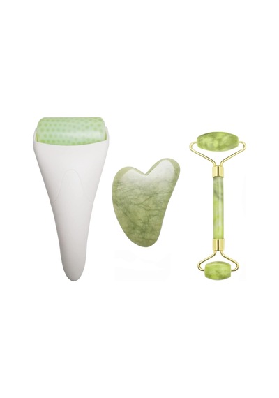 3'ü 1 Arada Ficial Face Ice Jade Roller Ve Gua Sha Aleti, %100 Doğal Gerçek Yeşim Kırışıklık Önleyici Yüz Gö